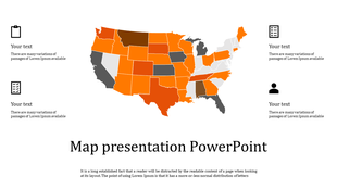 Geographic analysis slide featuring a U.S. state map with color zones, paired with four caption areas and black icons.