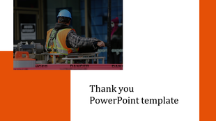 Thank you template with a construction worker in a safety vest and helmet, placed on a white and orange background.
