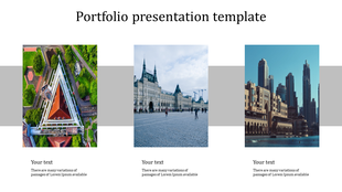Portfolio presentation slide with three images of buildings with a simple layout and gray background sections.