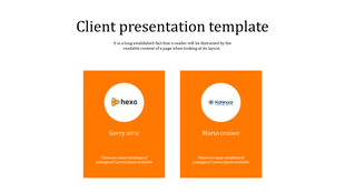 Client presentation slide with logos for Hexa and Kohinoor, alongside names and placeholder text for client information.