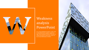 Slide with a large W and building photo, on an orange background, and text about weakness analysis.