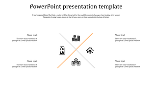 A template with building and house icons split by a diagonal line, surrounded by four text placeholders.