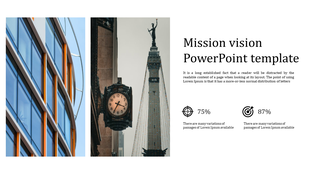 PowerPoint template for mission and vision with images of buildings and a clock, featuring percentage data points.