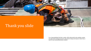 Thank you slide with an orange text box overlay on a background image of a construction worker in safety gear.