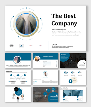 Best company slide deck featuring varions sections on values, teams, and services, in a blue and white theme.