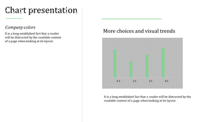 Chart presentation slide with a bar graph showing values, alongside text about company colors and visual trends.