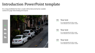 Introduction slide with a city street image, sidebar vehicle icons, and three numbered text sections on a white background.