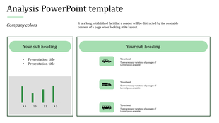 Analysis PowerPoint slide featuring a bar graph and vehicle icons with placeholders for text and subheadings.