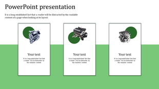 Three section slide featuring circle backed engine images with placeholder text, on a green and white backdrop.
