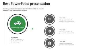 Best PowerPoint presentation template with a car icon labeled and circular icons each with placeholder text.
