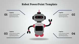 Slide featuring a robot illustration with four numbered captions for adding content on a grey-themed background.
