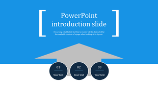 Blue slide for PowerPoint introduction featuring three circular sections for text and an arrow graphic.