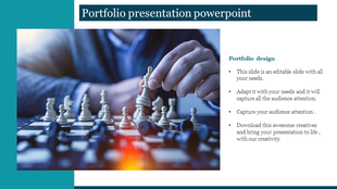 Strategic planning slide with a chessboard image and a text section explaining portfolio design and audience attention.