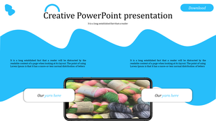 Creative template with a phone displaying colorful yarn images and two text areas on a curved blue and white backdrop.