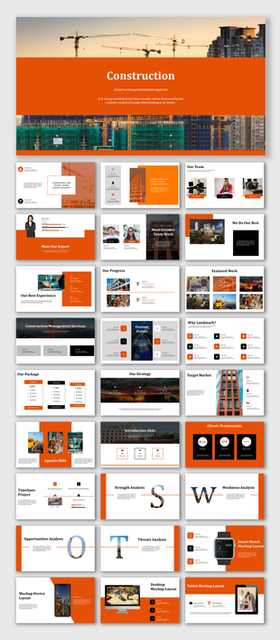 Construction slide deck with sections on team, progress, strategies, and analysis, highlighted in orange and black.