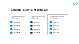 Content template with three sections of blue icons and text boxes, each with subheadings.