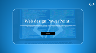 Web design slide with a photo of a laptop and a clean layout featuring the text  in a white and blue backdrop.