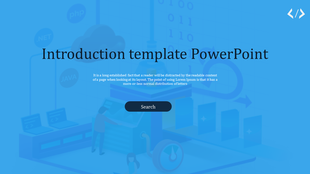 Introduction PowerPoint slide with a blue background, coding symbols, and a person working at a computer.