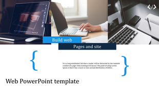 Web slide with a photo of a laptop and a clean layout featuring the text of web pages placed with a caption areas.