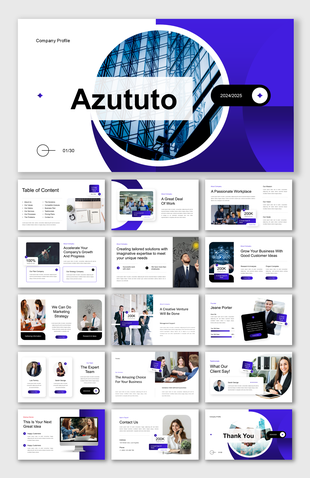 Company profile slide featuring a purple and blue design with a company name and year, and a circular image of a  building.