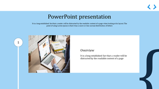 Slide with a light blue background, featuring image of a person working on a laptop and text on the right.