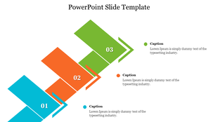 Slide with a diagonal layout, featuring three colorful numbered geometric shapes in blue, orange, and green.