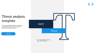 Threat analysis slide with large letter outline, dark and blue banners, and a blue search button on the left.