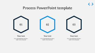 Process slide with three hexagon icons numbered 01 to 03, each with text below them on a white background.
