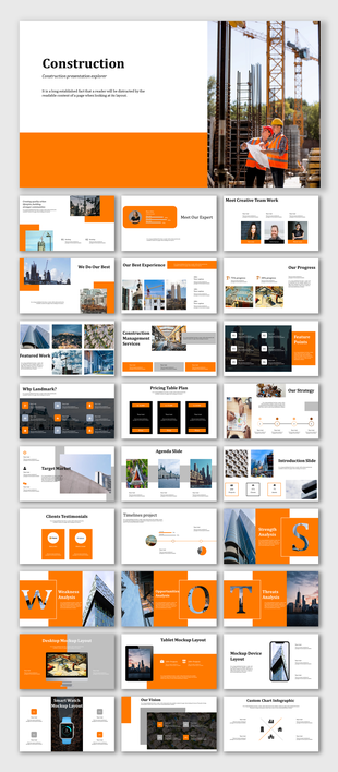 Construction slide deck featuring workers reviewing blueprints at a construction site, with text on a white and orange background.