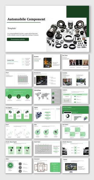 Slide deck showcasing various automobile parts, business charts, and global maps with green and white color theme.