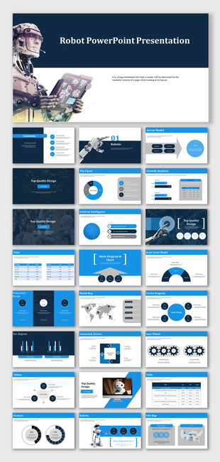 Slide deck with robotic theme, featuring graphics, tables, charts, and a robot holding a digital tablet in blue tones.