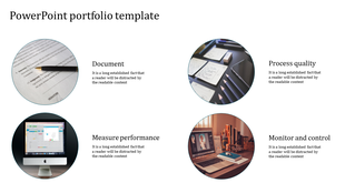 Portfolio slide with four images representing document review, process quality, performance measurement, and monitoring.