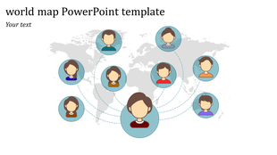 Illustration of a world map with a central user avatar connected to multiple smaller avatars through dotted lines.