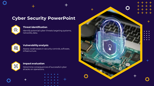 Cybersecurity slide combining key strategies with vibrant graphics, including a secure padlock hologram and hexagon icons.