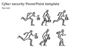 Cyber security themed slide with six black silhouettes of people running with bags of money, arranged in a sequence.