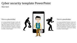 A cyber security slide with placeholders for text on both sides, showcasing a smartphone in the center with characters.