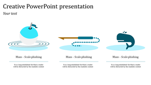 Creative slide illustrating three types of phishing attacks with symbolic graphics a hooked apple, a harpoon, and a whale.
