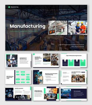 The Manufacturing PowerPoint Template with factory images, process charts, and green blue industrial slide design.