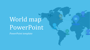 World map with six labeled location markers and travel path, set against a bright blue background.
