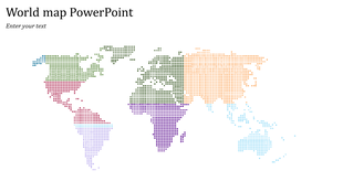 World map illustration slide with different regions shaded in varying colors using dots.