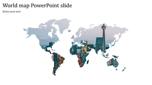 PowerPoint slide with a world map outline featuring a view of the city skyline with placeholder text.