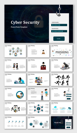 Cyber Security PowerPoint featuring slides on phishing attacks with various illustrations and data visualizations.