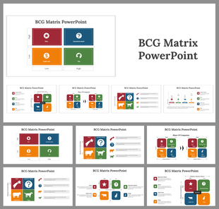 BCG Matrix slides showcasing the matrix's four quadrants from star to dog, with detailed visuals and examples.