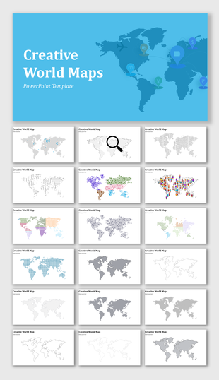 Creative World Map PowerPoint slides displaying various styles of world map designs for presentations.