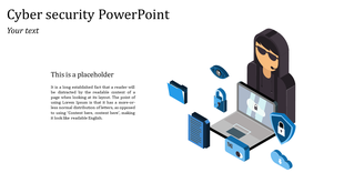 Cybersecurity slide with illustration of a hacker beside a laptop surrounded by security icons and text on the left.