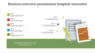 Business overview slide with a numbered list and an illustration of a checklist, pen, and financial chart on the right.