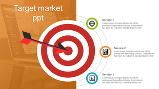 Slide design showcasing target market concept with a red-white bullseye and pointed arrow with three service icons and text.