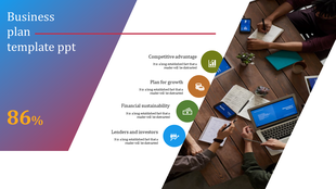 Business strategy slide with key elements like competitive advantage and financial sustainability, illustrated with icons.