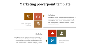A marketing themed template with icons representing communication, email, and networking, paired with text blocks.