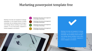 A marketing PPT slide with four numbered points about marketing principles and a checkmark icon with an image.